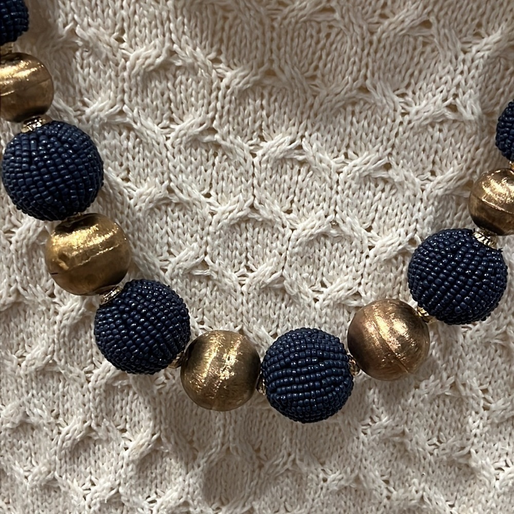 Vintage Beaded Boho Blue Gold Bauble Bead Necklace 18 inch - Picture 2 of 5